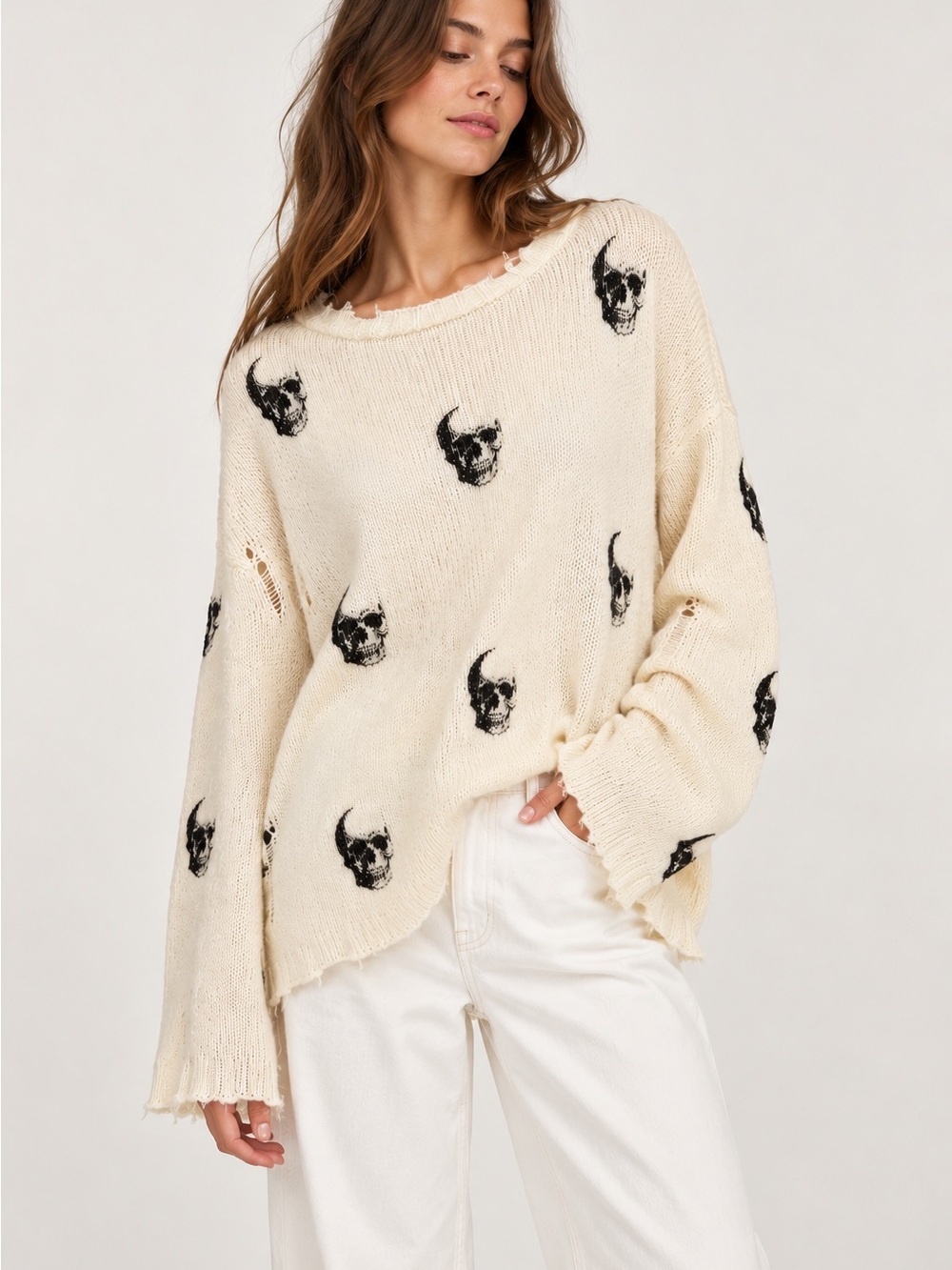 Wooden Ships Skull Distressed Sweater XS Grunge Gothic Y2K Mohair Wool